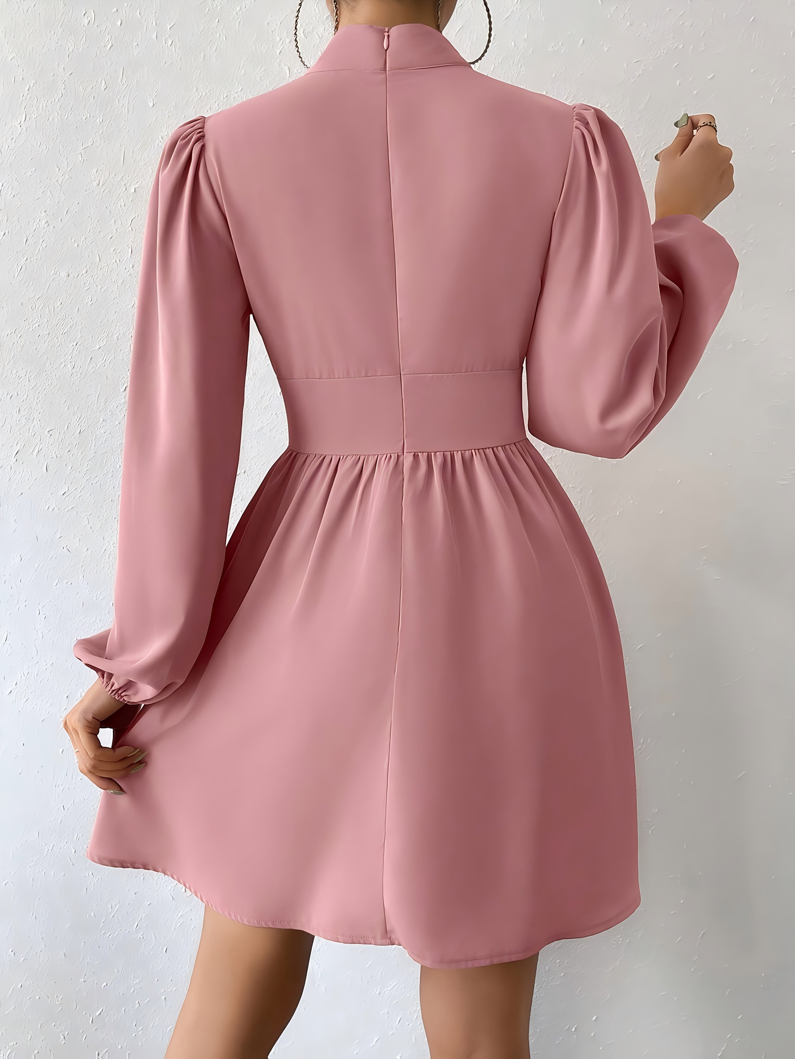 Women's Elegant Waist-Cinching Long Sleeve Dress - Soft Pink Small Round Neck Blouse-Style Top with Flared Skirt, Machine Washable Spring/Fall Office & Casual Wear